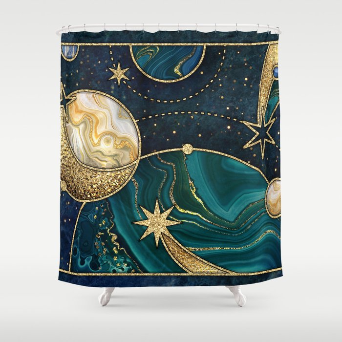 Celestial Starry Emerald Gold Cosmos Shower Curtain Gallery Image 1