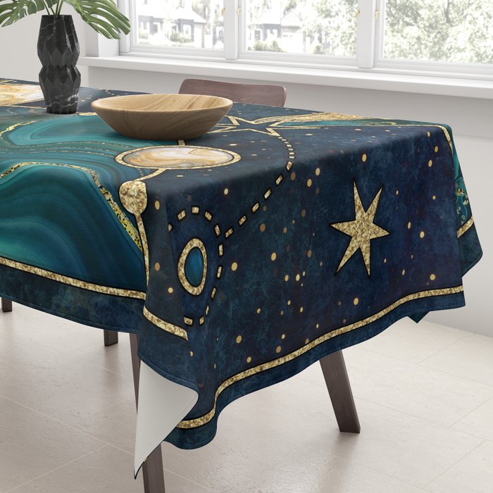 Celestial Starry Emerald Gold Cosmos Tablecloth Gallery Image 3