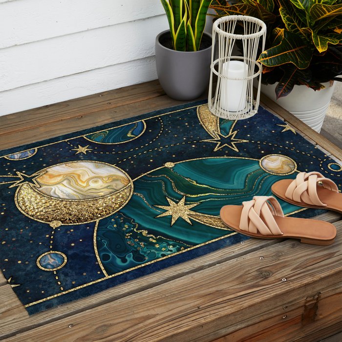 Celestial Starry Emerald Gold Cosmos Outdoor Rug Gallery Image 2