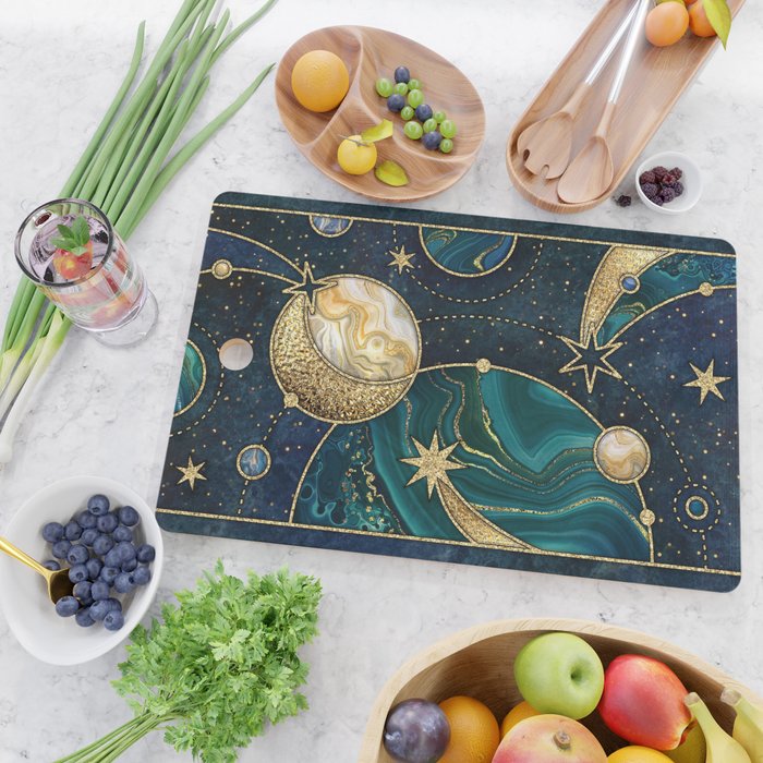 Celestial Starry Emerald Gold Cosmos Cutting Board Gallery Image 2