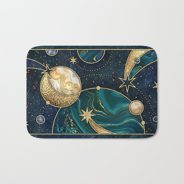 Celestial Starry Emerald Gold Cosmos Bath Mat Gallery Image 1