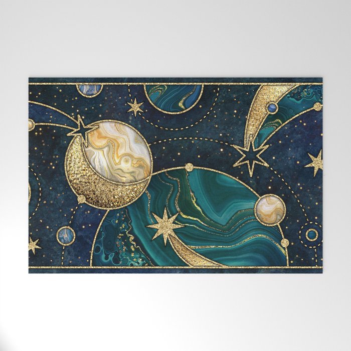 Celestial Starry Emerald Gold Cosmos Welcome Mat Gallery Image 1