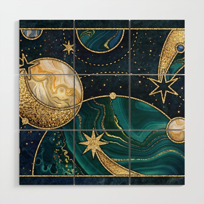 Celestial Starry Emerald Gold Cosmos Wood Wall Art Gallery Image 1