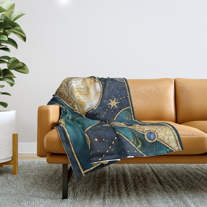 Celestial Starry Emerald Gold Cosmos Throw Blanket Gallery Image 1