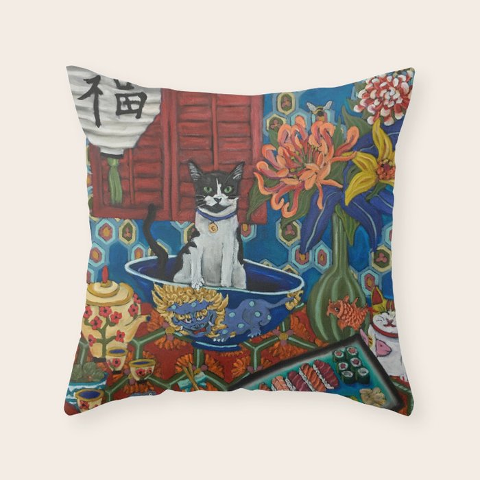 Beckoning Cat Throw Pillow