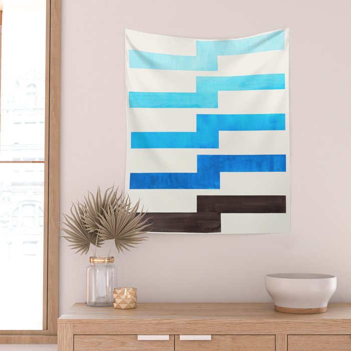 Blue Baby Blue Watercolor Minimalist Geometric Zig Zag Lightning Bolt Pattern Wall Tapestry Gallery Image 2