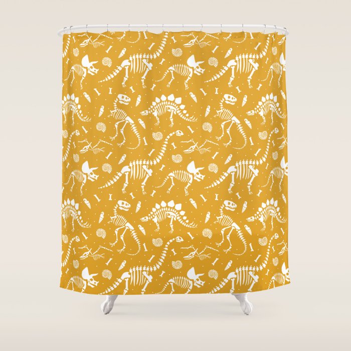 Dinosaur Fossils on Mustard Yellow Shower Curtain Gallery Image 1