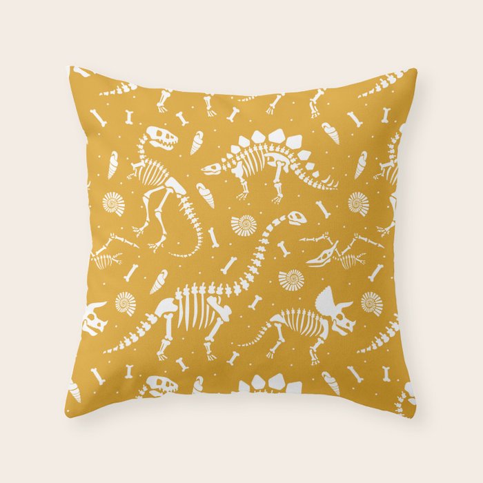 Dinosaur Fossils on Mustard Yellow Throw Pillow Gallery Image 1