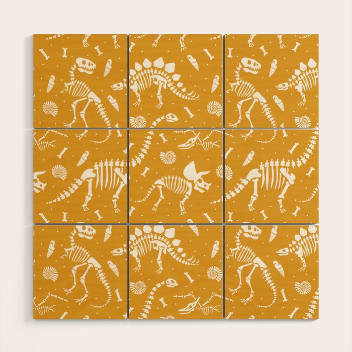 Dinosaur Fossils on Mustard Yellow Wood Wall Art Gallery Image 1