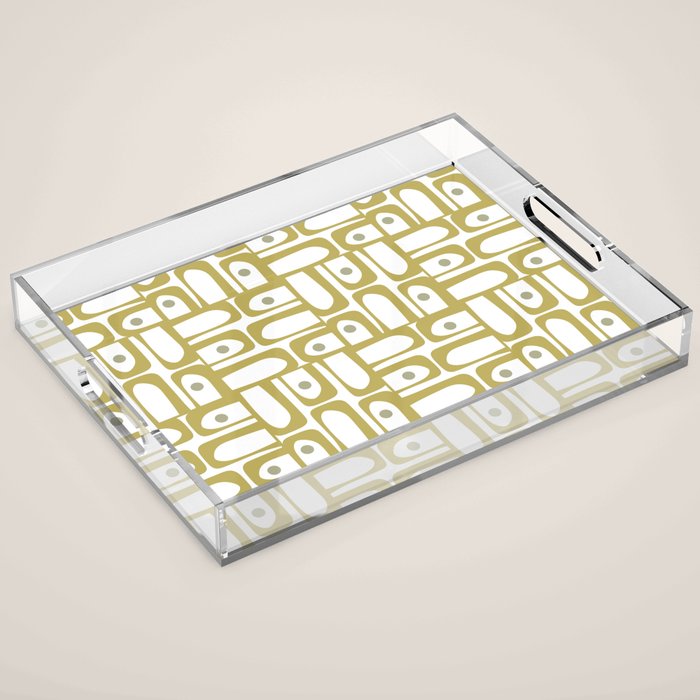 Mid Century Modern Piquet Geometric Multi Pattern in Vintage Olive Green and White Acrylic Tray Gallery Image 1