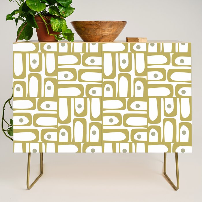 Mid Century Modern Piquet Geometric Multi Pattern in Vintage Olive Green and White Credenza Gallery Image 1