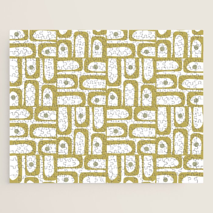 Mid Century Modern Piquet Geometric Multi Pattern in Vintage Olive Green and White Jigsaw Puzzle Gallery Image 1