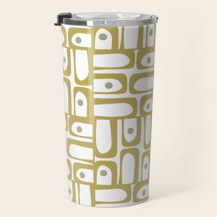 Mid Century Modern Piquet Geometric Multi Pattern in Vintage Olive Green and White Travel Mug Gallery Image 3