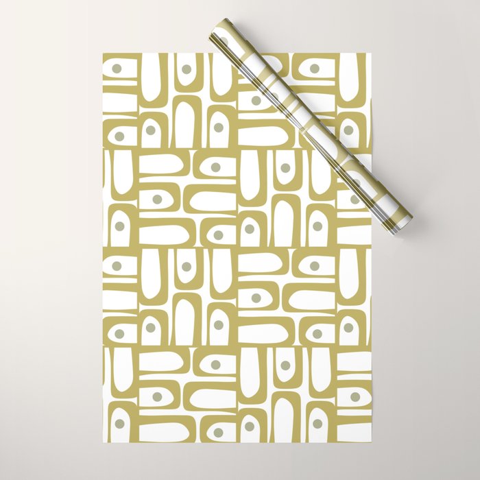 Mid Century Modern Piquet Geometric Multi Pattern in Vintage Olive Green and White Wrapping Paper Gallery Image 1