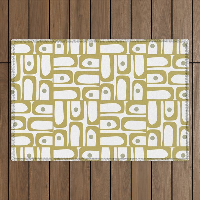 Mid Century Modern Piquet Geometric Multi Pattern in Vintage Olive Green and White Outdoor Rug Gallery Image 1