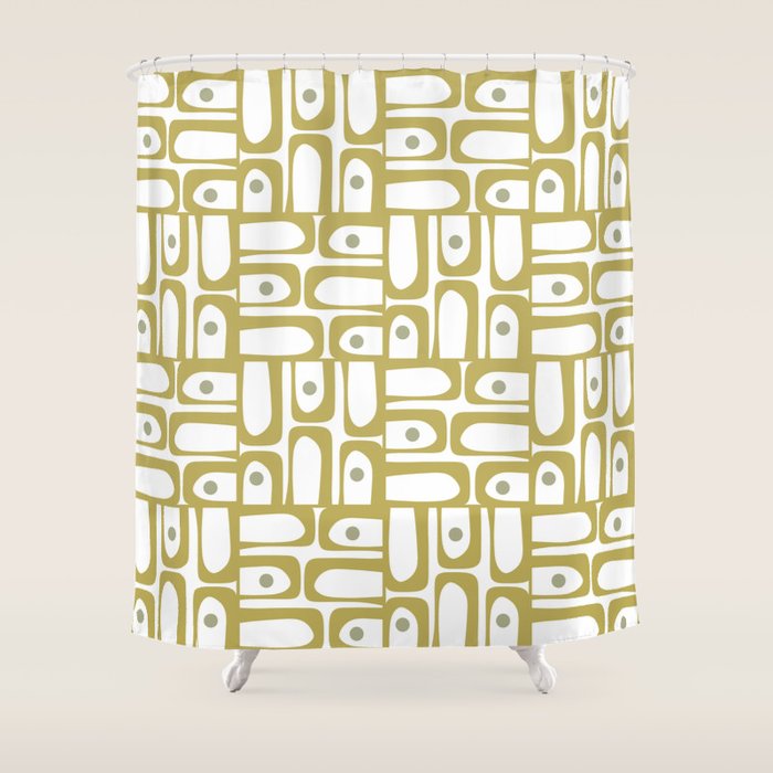 Mid Century Modern Piquet Geometric Multi Pattern in Vintage Olive Green and White Shower Curtain Gallery Image 1