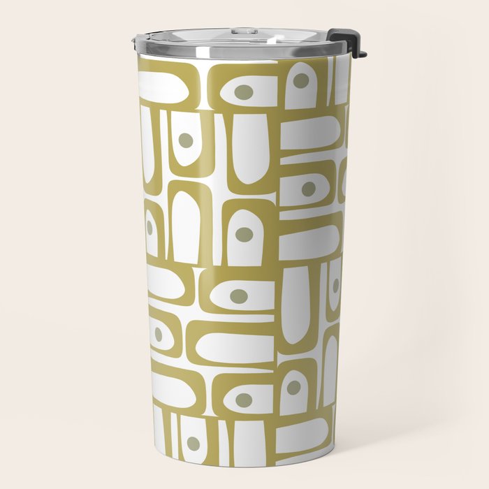 Mid Century Modern Piquet Geometric Multi Pattern in Vintage Olive Green and White Travel Mug Gallery Image 2