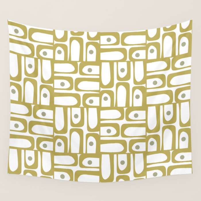 Mid Century Modern Piquet Geometric Multi Pattern in Vintage Olive Green and White Wall Tapestry Gallery Image 1