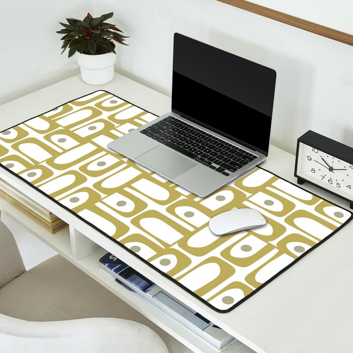 Mid Century Modern Piquet Geometric Multi Pattern in Vintage Olive Green and White Desk Mat Gallery Image 2