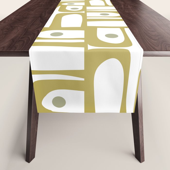 Mid Century Modern Piquet Geometric Multi Pattern in Vintage Olive Green and White Table Runner Gallery Image 1