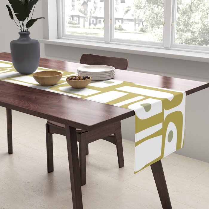 Mid Century Modern Piquet Geometric Multi Pattern in Vintage Olive Green and White Table Runner Gallery Image 2