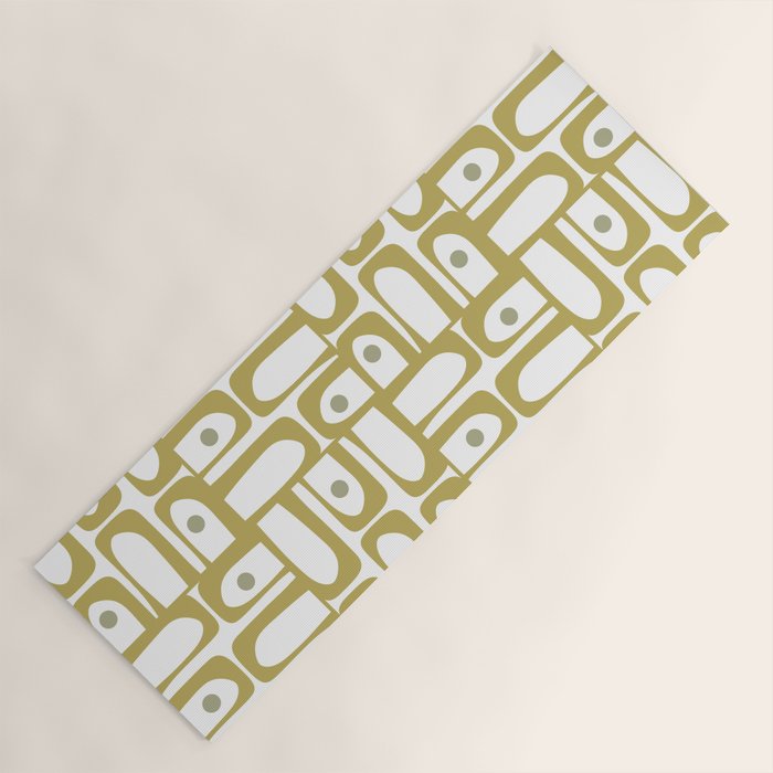 Mid Century Modern Piquet Geometric Multi Pattern in Vintage Olive Green and White Yoga Mat Gallery Image 1