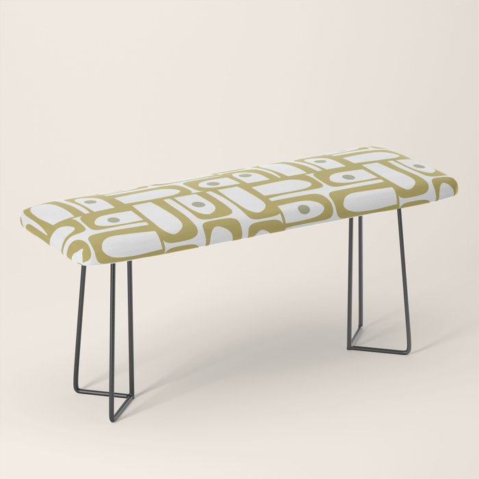 Mid Century Modern Piquet Geometric Multi Pattern in Vintage Olive Green and White Bench Gallery Image 1