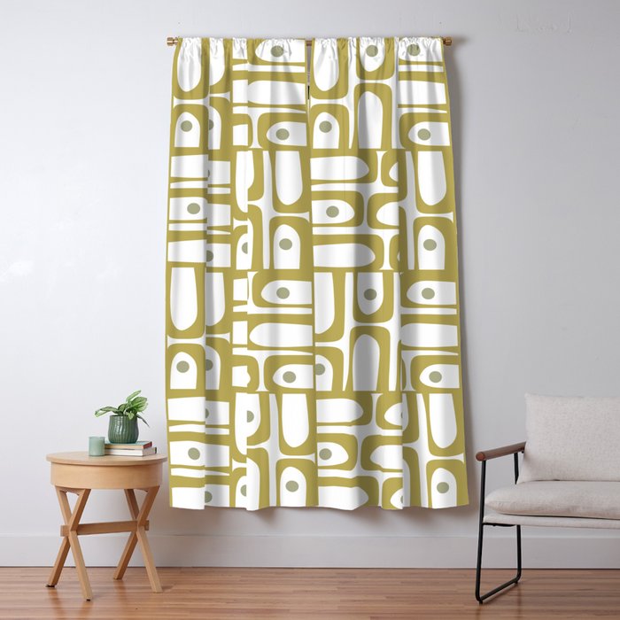 Mid Century Modern Piquet Geometric Multi Pattern in Vintage Olive Green and White Window Curtain Gallery Image 5