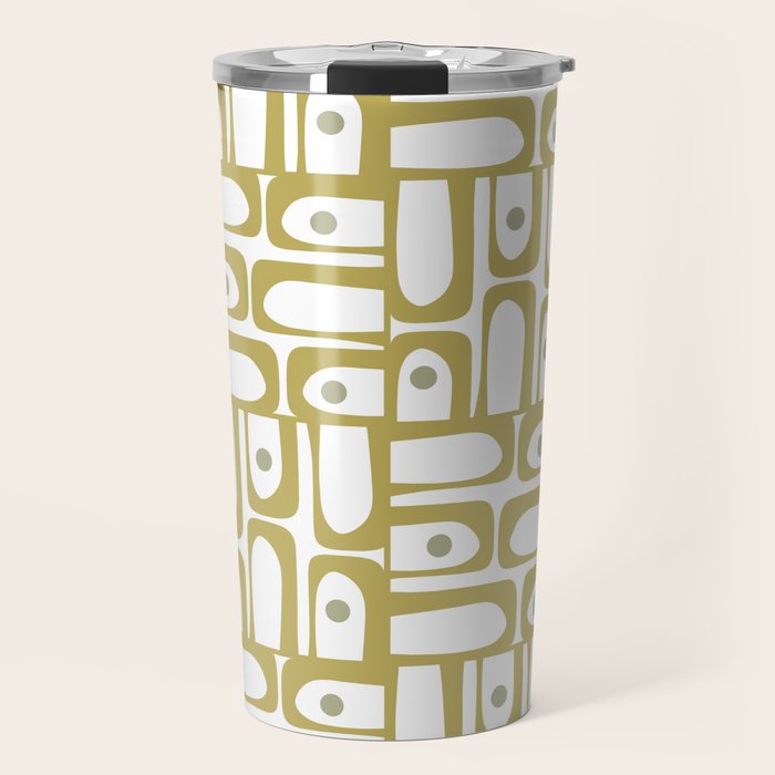 Mid Century Modern Piquet Geometric Multi Pattern in Vintage Olive Green and White Travel Mug Gallery Image 1