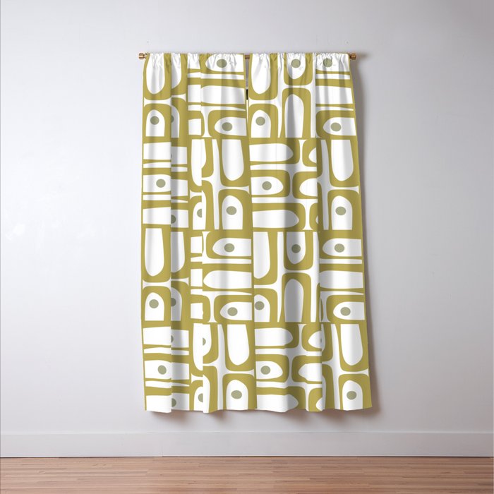 Mid Century Modern Piquet Geometric Multi Pattern in Vintage Olive Green and White Window Curtain Gallery Image 3