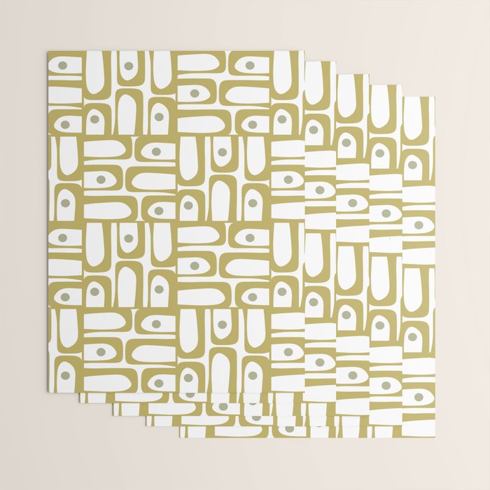 Mid Century Modern Piquet Geometric Multi Pattern in Vintage Olive Green and White Wrapping Paper Gallery Image 3