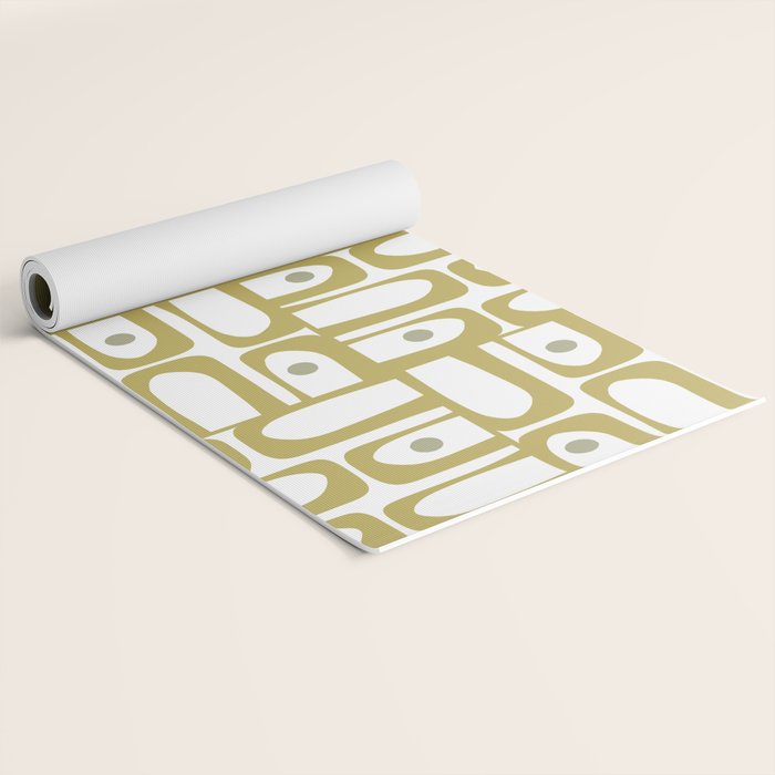 Mid Century Modern Piquet Geometric Multi Pattern in Vintage Olive Green and White Yoga Mat Gallery Image 2
