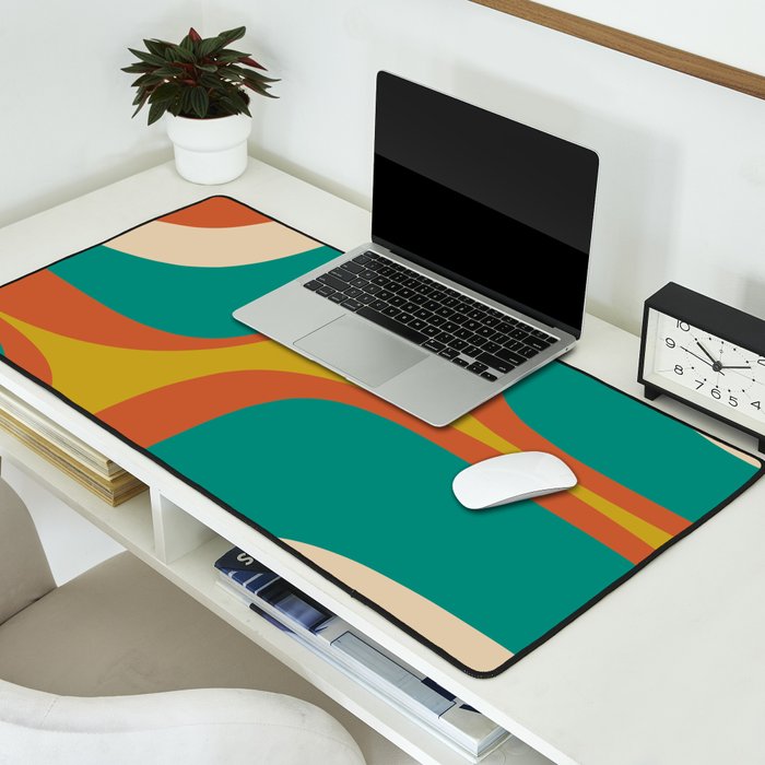 Retro Groove Mid Century Modern Abstract Pattern in Mid Mod Teal Orange Mustard Desk Mat Gallery Image 2
