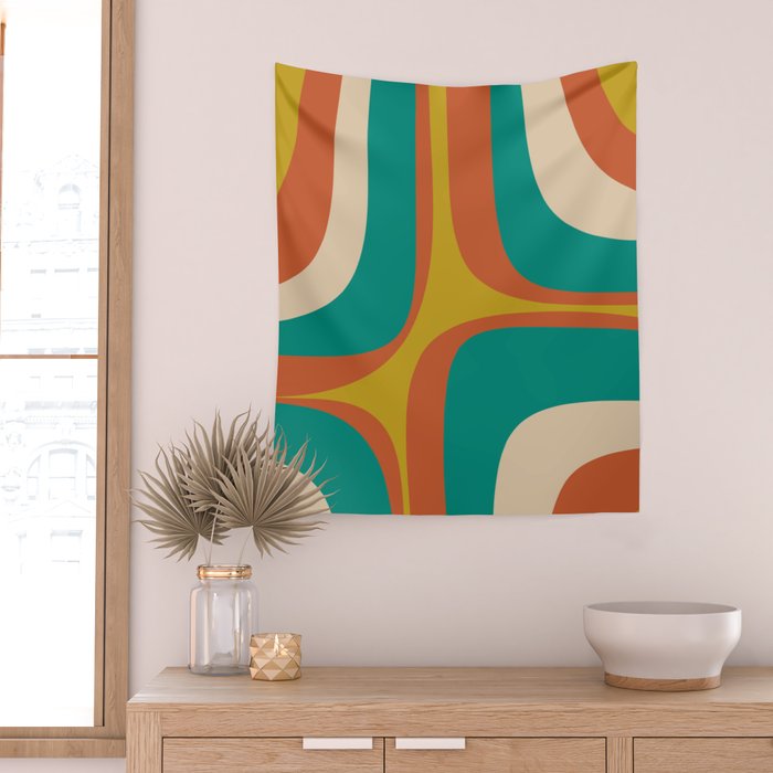 Retro Groove Mid Century Modern Abstract Pattern in Mid Mod Teal Orange Mustard Wall Tapestry Gallery Image 2