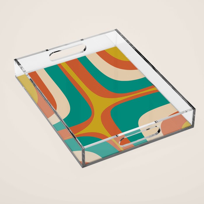 Retro Groove Mid Century Modern Abstract Pattern in Mid Mod Teal Orange Mustard Acrylic Tray Gallery Image 1