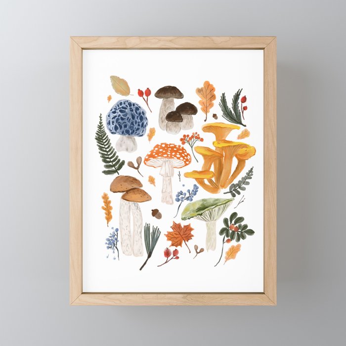 Colorful Forest Mushrooms and Plants Illustration  Nature Inspired Botanical Art Mini Art Print Gallery Image 1