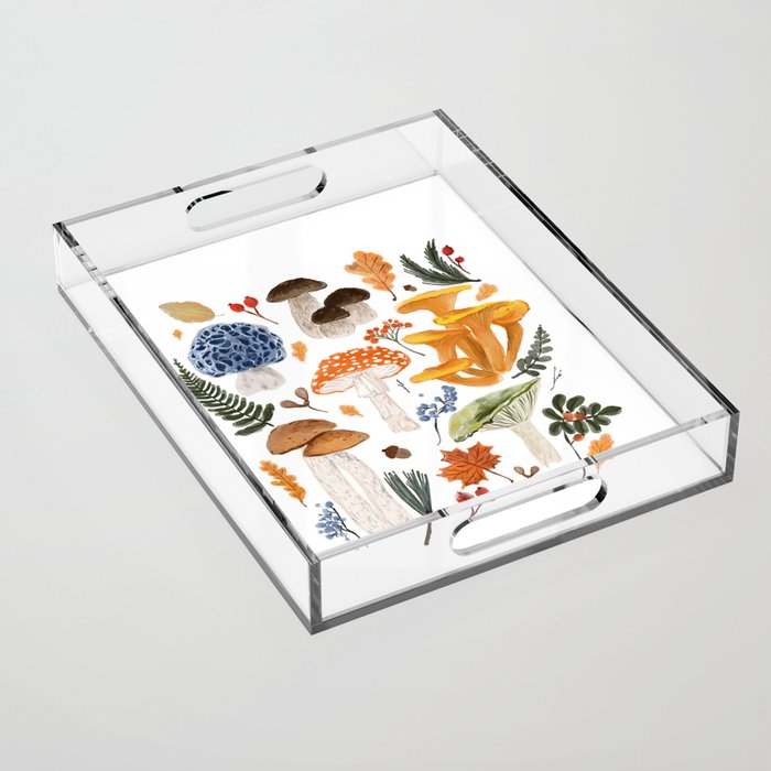 Colorful Forest Mushrooms and Plants Illustration  Nature Inspired Botanical Art Acrylic Tray Gallery Image 1