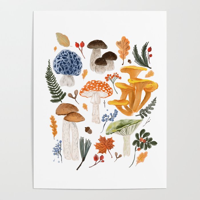 Colorful Forest Mushrooms and Plants Illustration  Nature Inspired Botanical Art Poster Gallery Image 4