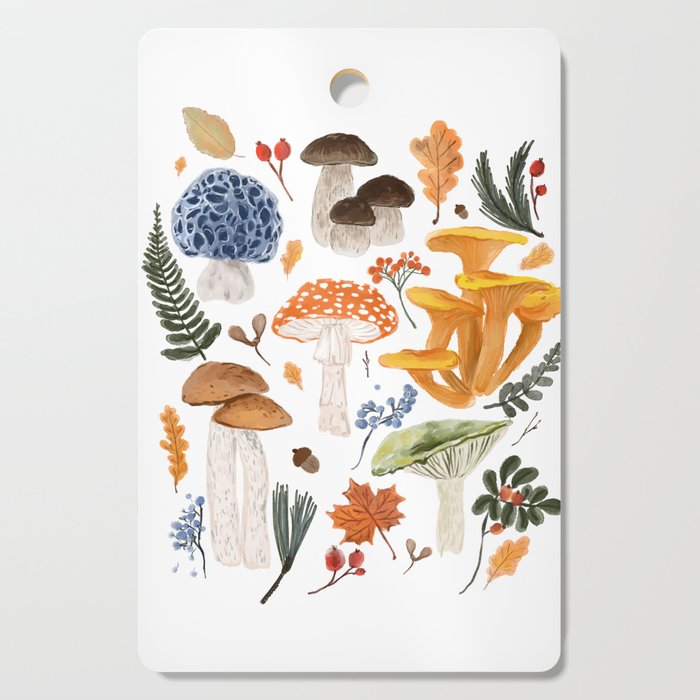 Colorful Forest Mushrooms and Plants Illustration  Nature Inspired Botanical Art Cutting Board Gallery Image 1