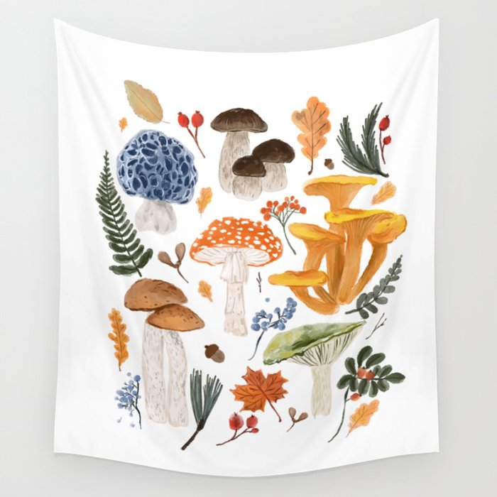 Colorful Forest Mushrooms and Plants Illustration  Nature Inspired Botanical Art Wall Tapestry Gallery Image 1