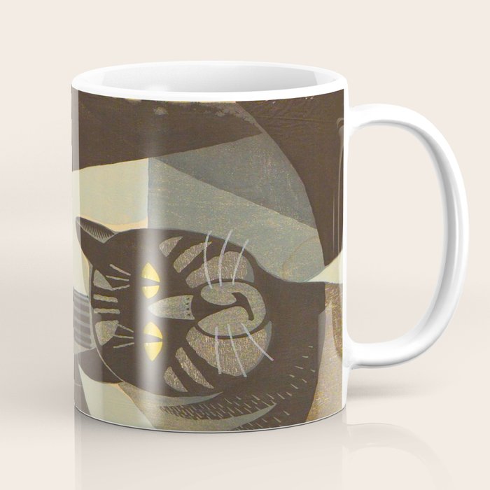 Inagaki Tomoo Vintage Japanese Woodblock print mid century Modern Cubism Art Cats Feline Coffee Mug Gallery Image 1
