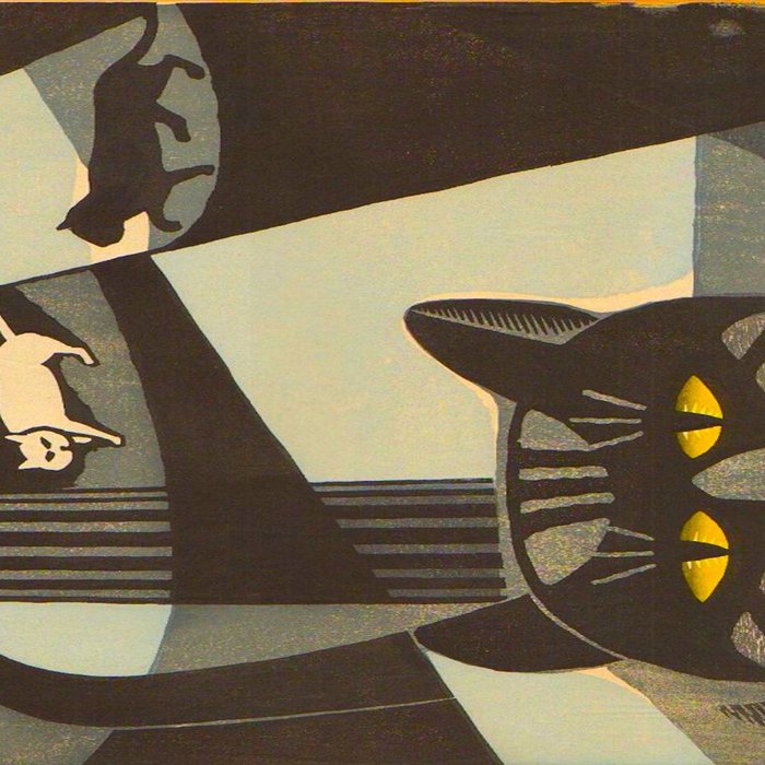 Inagaki Tomoo Vintage Japanese Woodblock print mid century Modern Cubism Art Cats Feline Coffee Mug Gallery Image 2