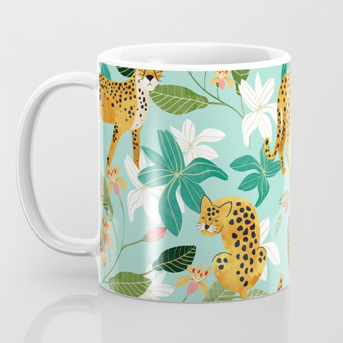 Cheetah Jungle, Wildlife Nature Wild Cats Tigers Leopard Botanical Animals Mint Quirky Illustration Coffee Mug Gallery Image 3