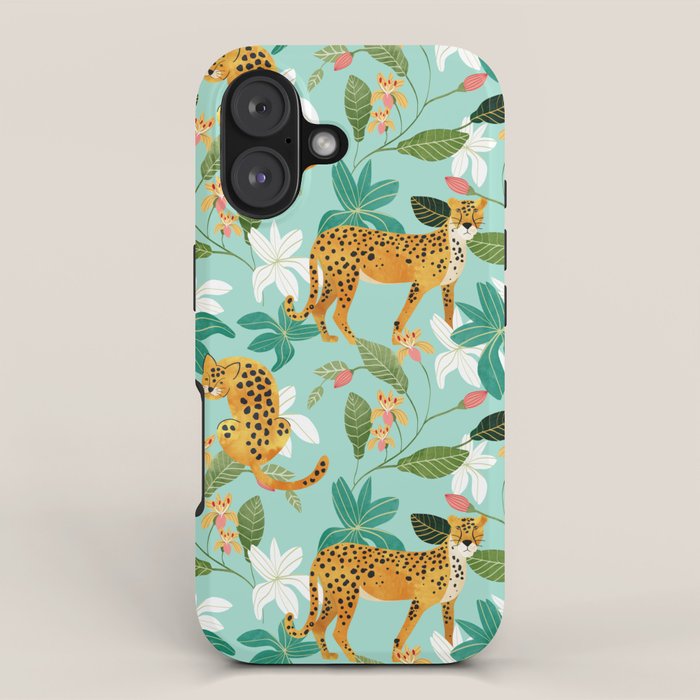 Cheetah Jungle, Wildlife Nature Wild Cats Tigers Leopard Botanical Animals Mint Quirky Illustration iPhone Case Gallery Image 1