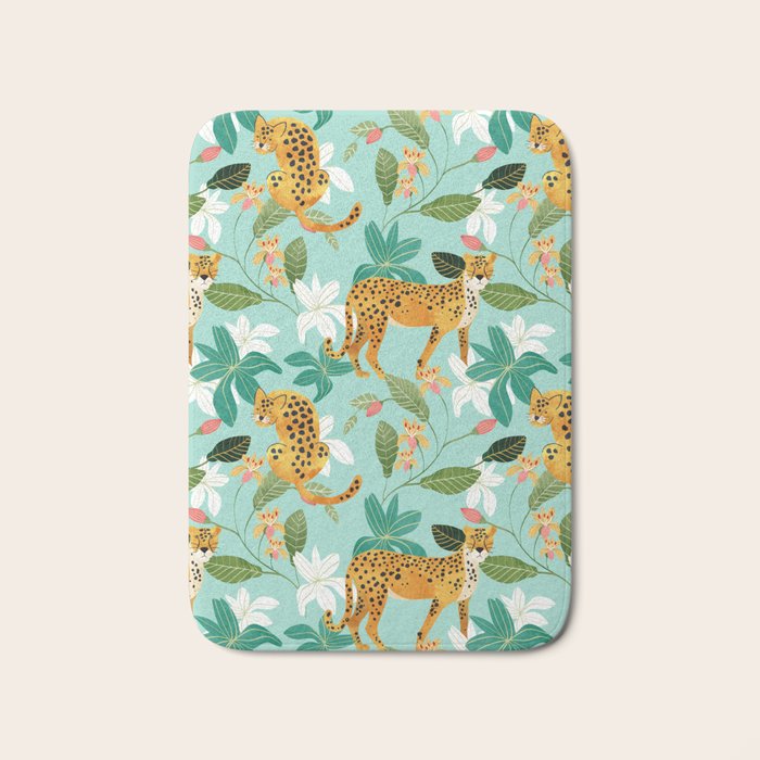 Cheetah Jungle, Wildlife Nature Wild Cats Tigers Leopard Botanical Animals Mint Quirky Illustration Bath Mat Gallery Image 1