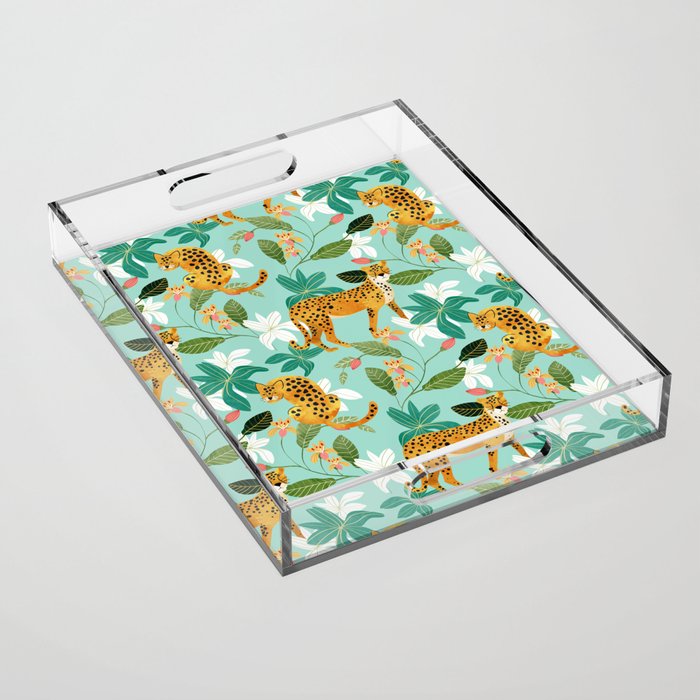 Cheetah Jungle, Wildlife Nature Wild Cats Tigers Leopard Botanical Animals Mint Quirky Illustration Acrylic Tray Gallery Image 1