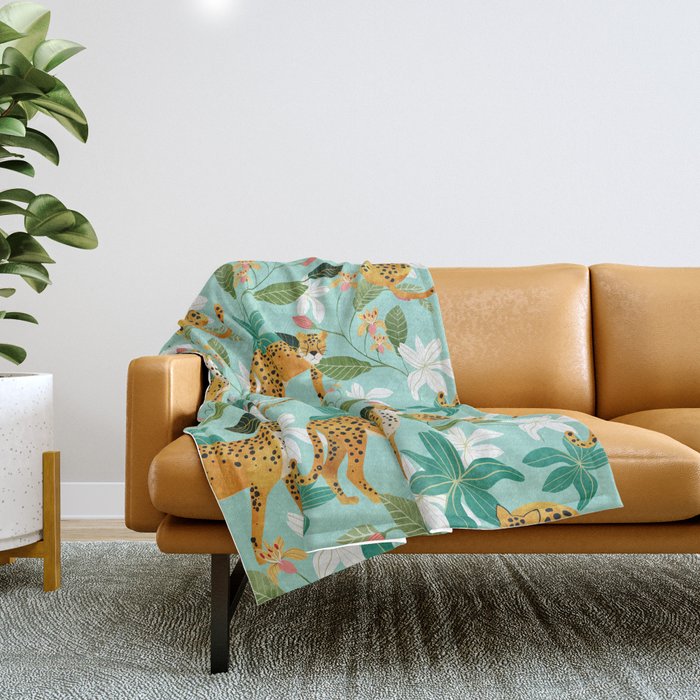 Cheetah Jungle, Wildlife Nature Wild Cats Tigers Leopard Botanical Animals Mint Quirky Illustration Throw Blanket Gallery Image 1