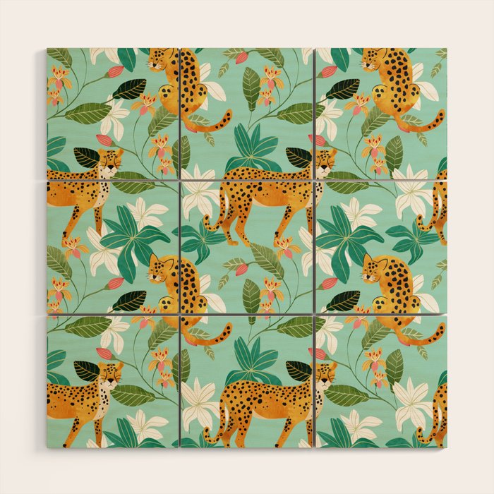 Cheetah Jungle, Wildlife Nature Wild Cats Tigers Leopard Botanical Animals Mint Quirky Illustration Wood Wall Art Gallery Image 1