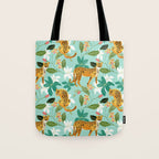Cheetah Jungle, Wildlife Nature Wild Cats Tigers Leopard Botanical Animals Mint Quirky Illustration Tote Bag Gallery Image 1