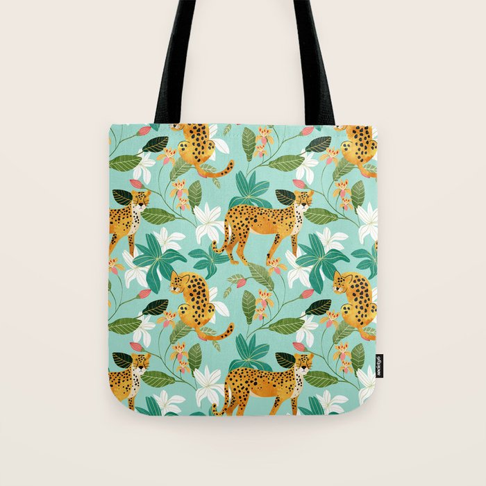 Cheetah Jungle, Wildlife Nature Wild Cats Tigers Leopard Botanical Animals Mint Quirky Illustration Tote Bag Gallery Image 1